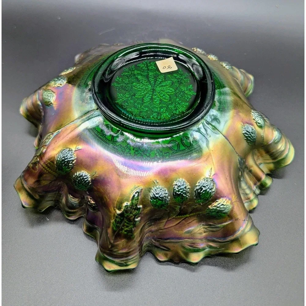 Antique Fenton Leaf Chain Green Carnival Glass Double Crimped Bowl 8.5